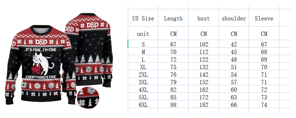 sweater with size chart