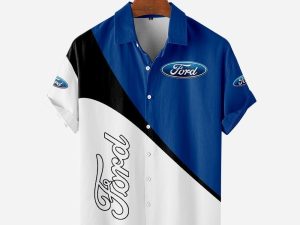 Ford Motor Hawaiian Shirt Blue White Full Size