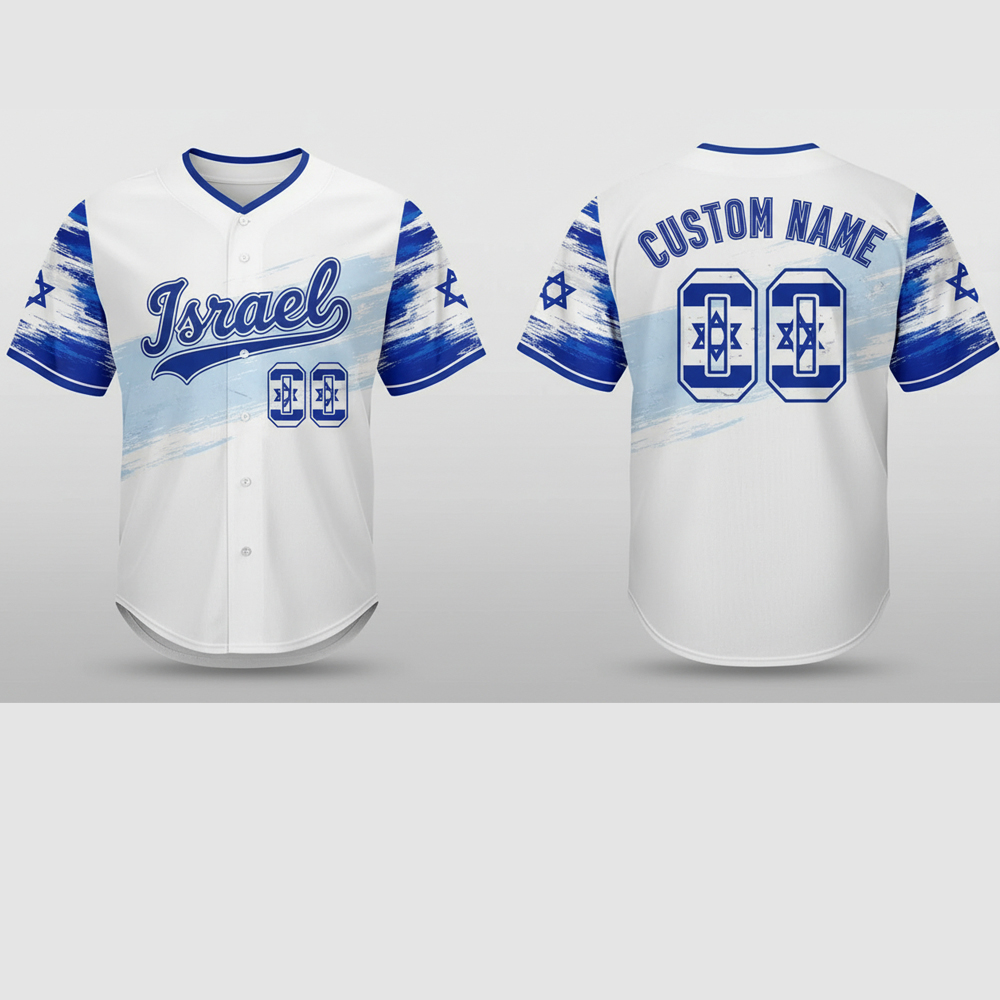 custom name and number white israel flag baseball jersey costumes player for wbc 1 Custom Name and Number White Israel Flag Baseball Jersey Costumes Player For WBC - Image 1