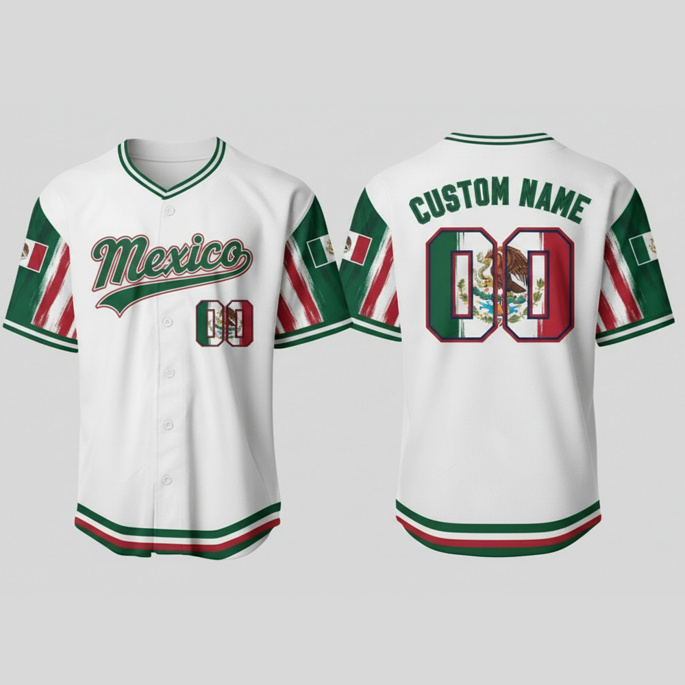 custom name and number white mexico flag baseball jersey for fans wbc 1 Custom Name and Number White MEXICO Flag Baseball Jersey For Fans WBC - Image 1