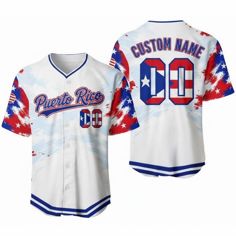 custom name and number white puerto rico flag baseball jersey for fans wbc 1 Custom Name and Number White Puerto Rico Flag Baseball Jersey For Fans WBC - Image 1