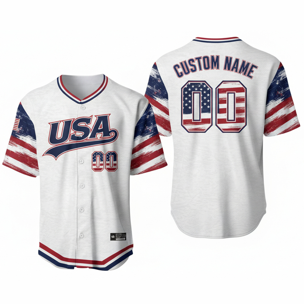 custom name and number white usa flag baseball jersey for fans wbc 1 Custom Name and Number White USA Flag Baseball Jersey For Fans WBC - Image 1